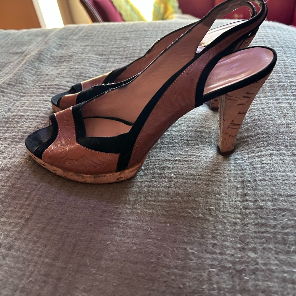 vintage costume national Black suede/Brown tooled leather slingback heels 39